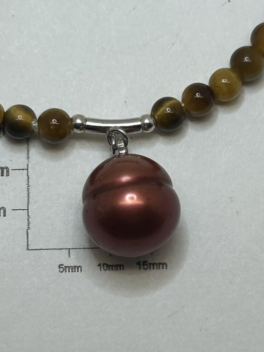 Tiger-Eye gemstone Beads Necklace with Freshwater Pearl Silver Pendant.